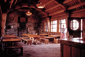 Silcox Hut The hut's Overlook Room surrounds guests with rugged simplicity.