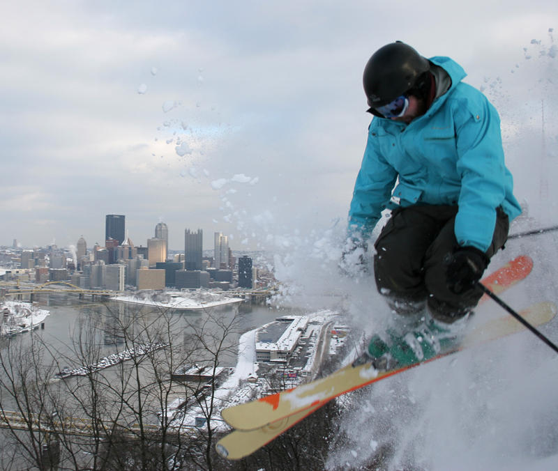 Pittsburgh Powder? Leah Rumon snapped this photo on Sunday, February 7 of John Riley skiing the West End Overlook of Pittsburgh, Pennsylvania, with the city in the…
