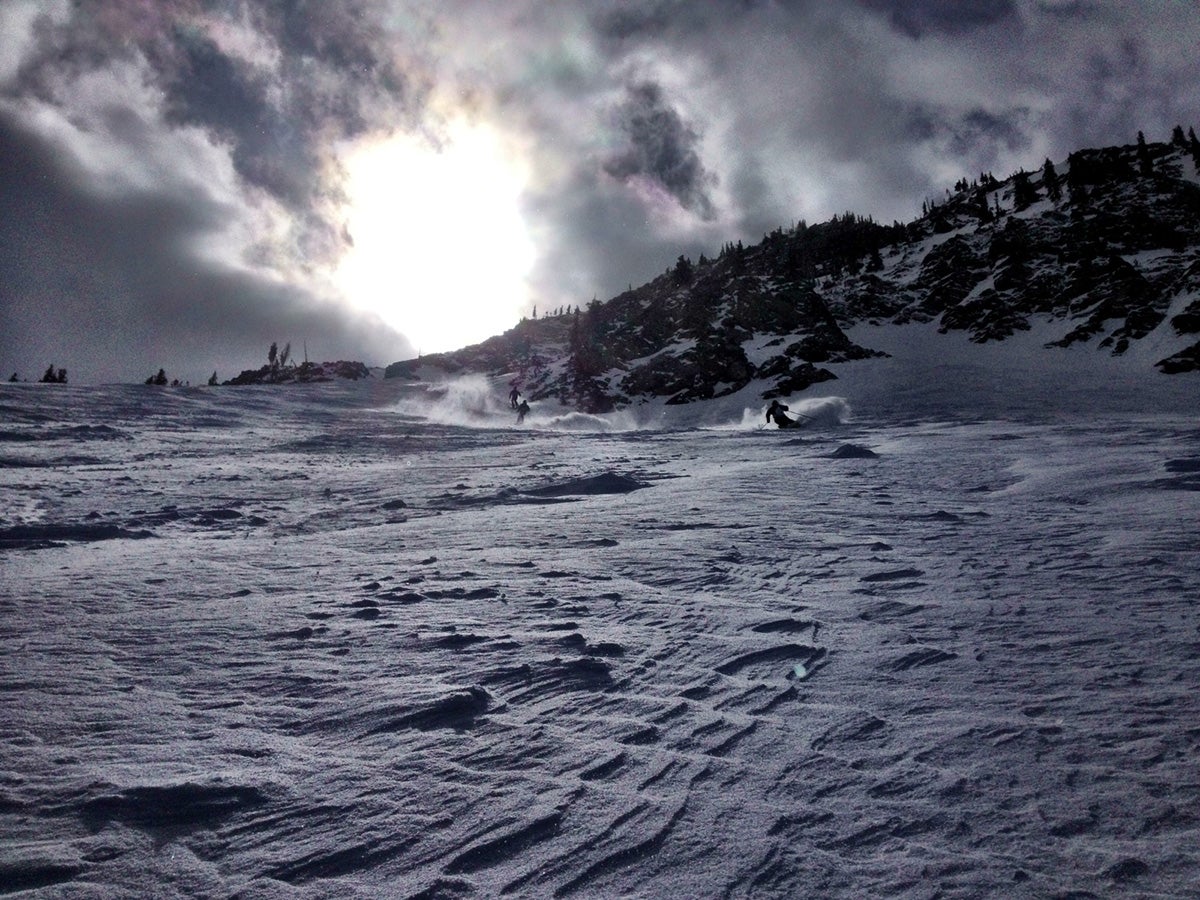 Buffed Out Testers Scott Basso, Jeremy Benson and Dan Withey riding hard in the wind buff off Little Cloud lift.Behind the scenes of Ski Test 2013: Day 1 | Day…