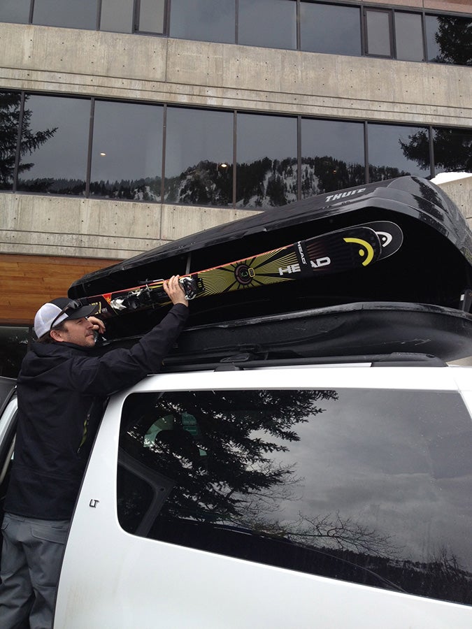 Swag Head's Andrew Couperthwait stealing some skis.Behind the scenes of Ski Test 2013: Day 1 | Day 2 | Day 3 | Day 4