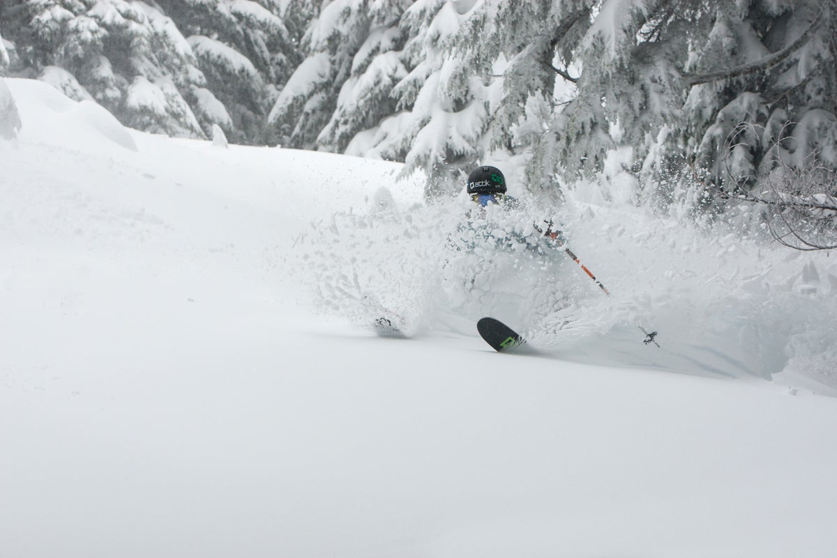 Timberline Forget Cascade Crud. Photographer Drew Smalley captured a skier riding light pow on Mt. Hood.