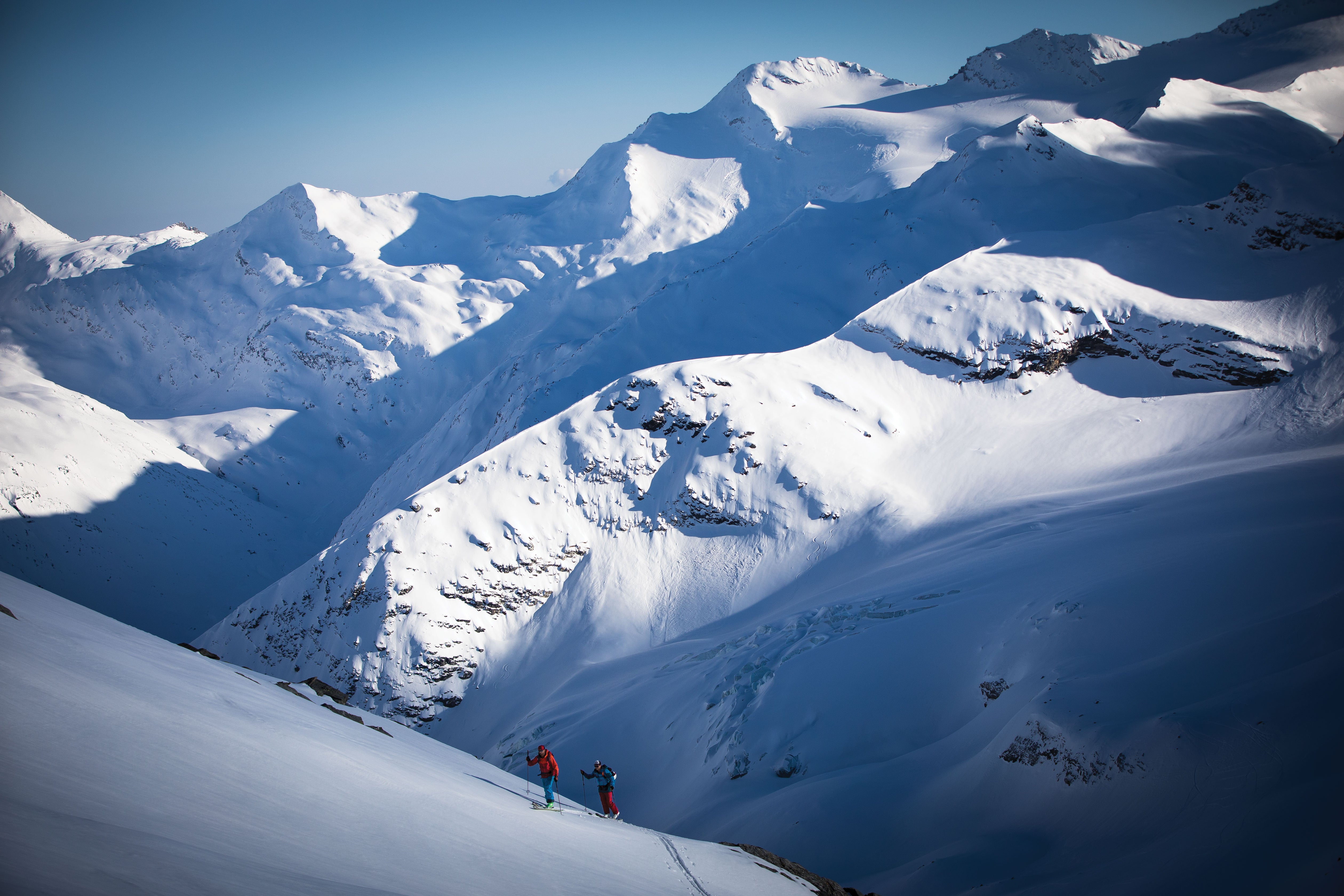 SKI0118_UTL1_creditSimonRicklin The writer, along with athlete Marcus Waring, make their way to the Britannia Hut, outside of Switzerland's Saas-Fee resort.