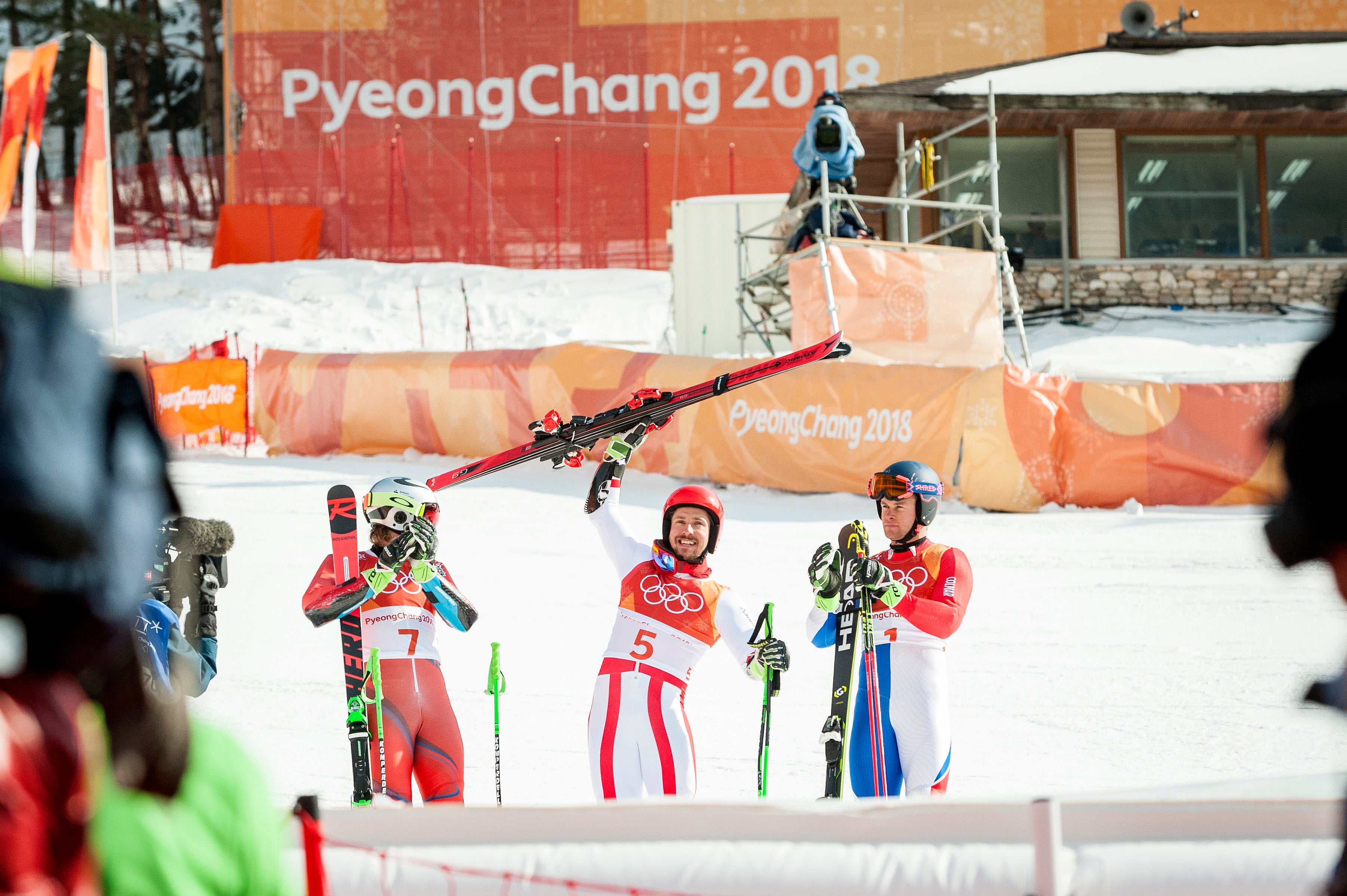 Marcel-Hirscher-podium-GS_crystal-sagan Austrian Marcel Hirscher on the venue podium, with Silver: Henrik Kristoffersen (Norway), Bronze: Alexis Pinturault (France)
