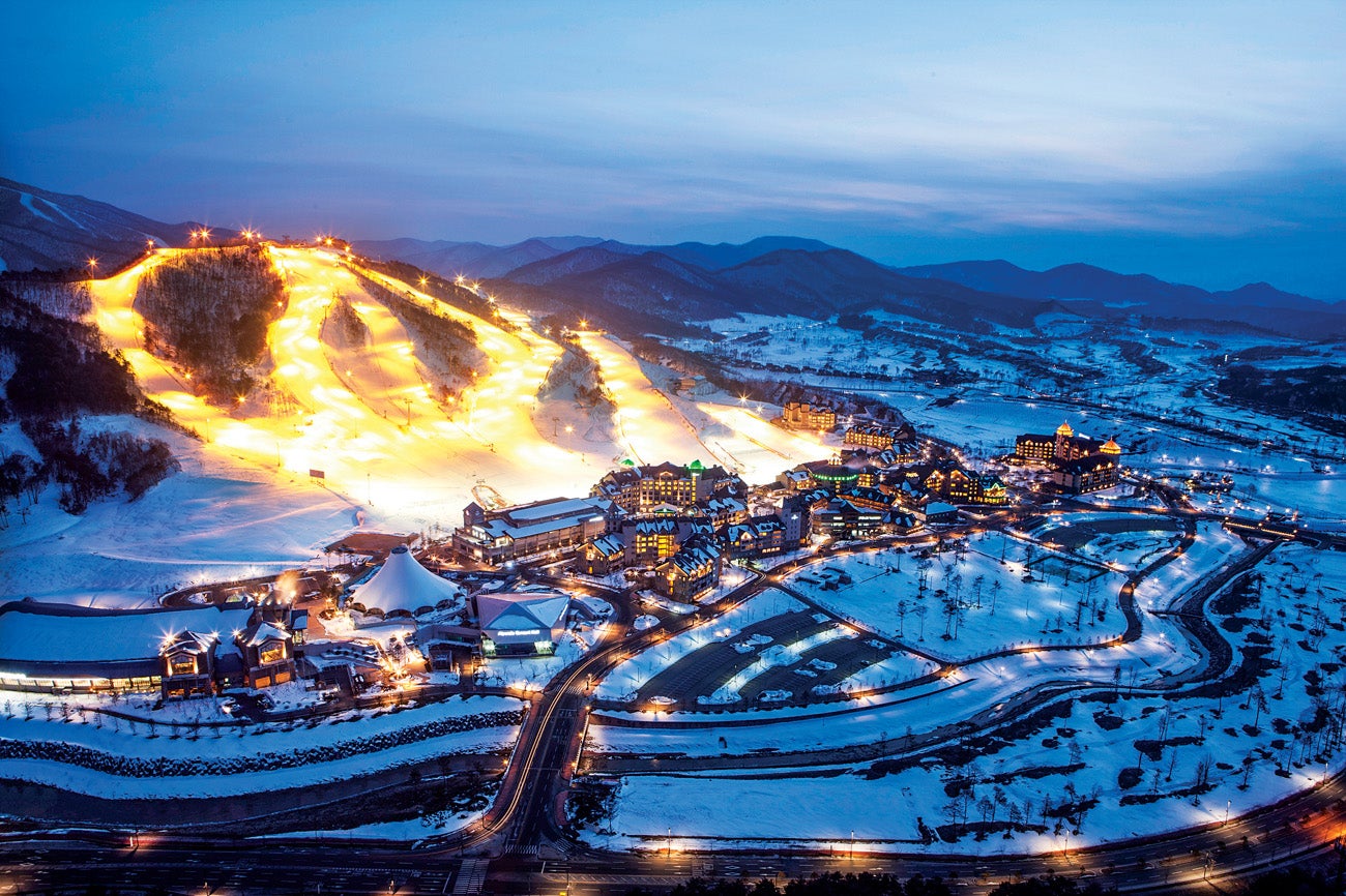 SKI0118_OLY8_AlpensiaSkiResort Alpensia Ski Resort, shown here illuminated for nightskiing, is host to the Olympic ski jumping and Nordic events, plus biathlon, luge, bobsled, and…