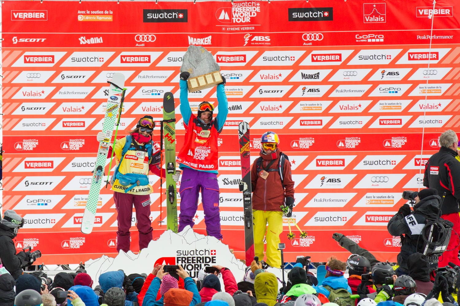 FWT16_VERBIER_TBekker_1DM40077 Jackie Paaso atop the podium at the 2016 Freeride World Tour Verbier Xtreme.