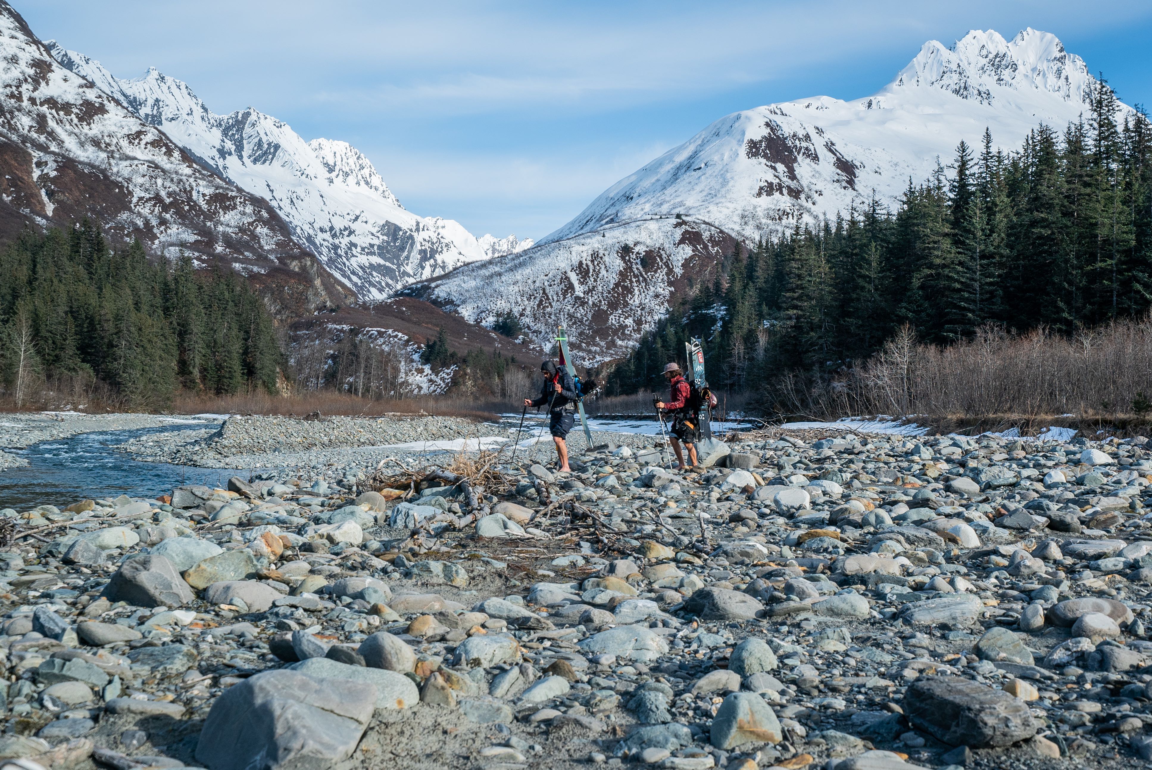CreekCrossing_Meteorite_@bjarnesalen Cody Townsend and Jeremy Jones crossing a river in Alaska while filming