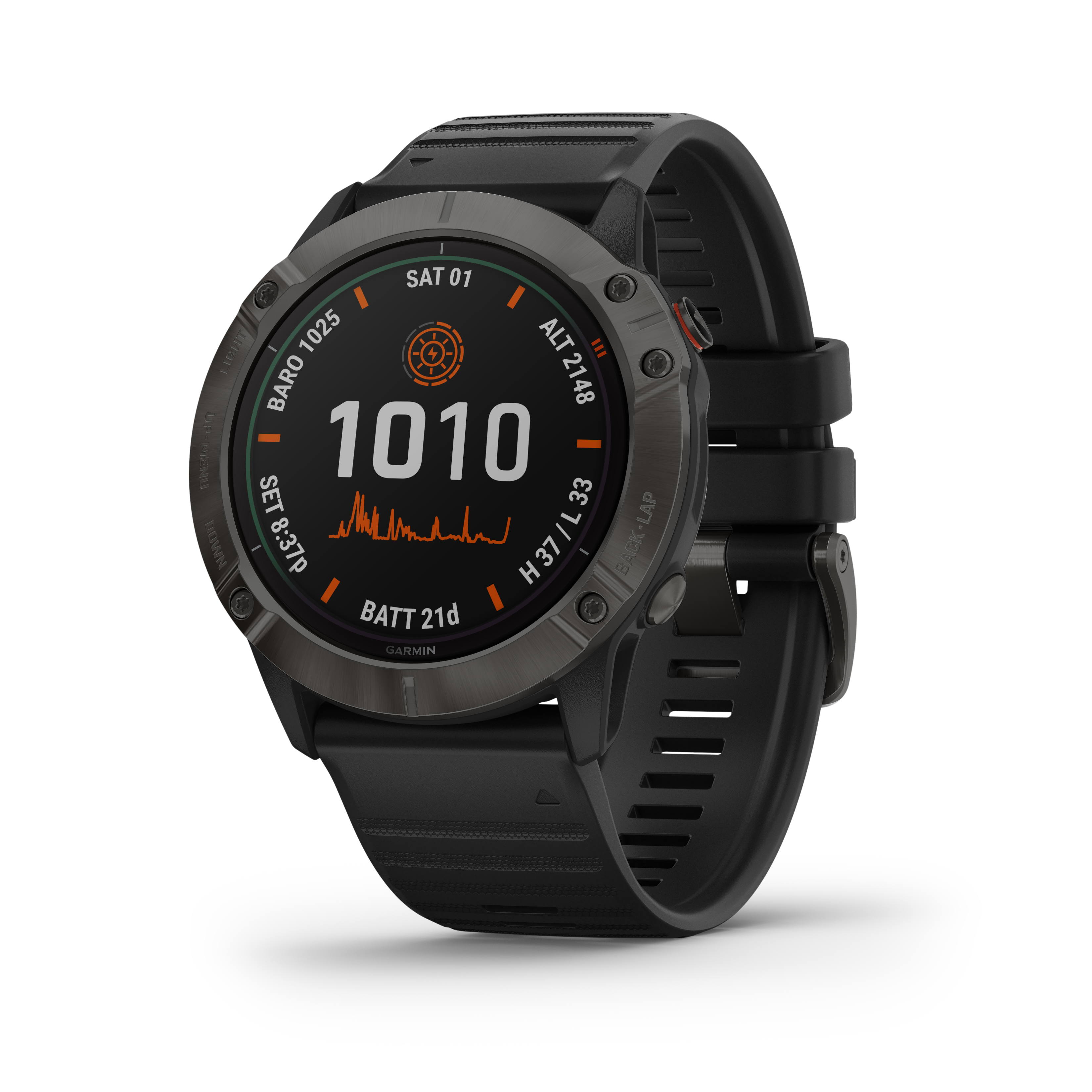 fenix6X-ProSolar_HR_1000.53 Garmin fenix 6 Solar Pro watch with a black band sits on a white background. The watchface has a white 1010 above a graph line.