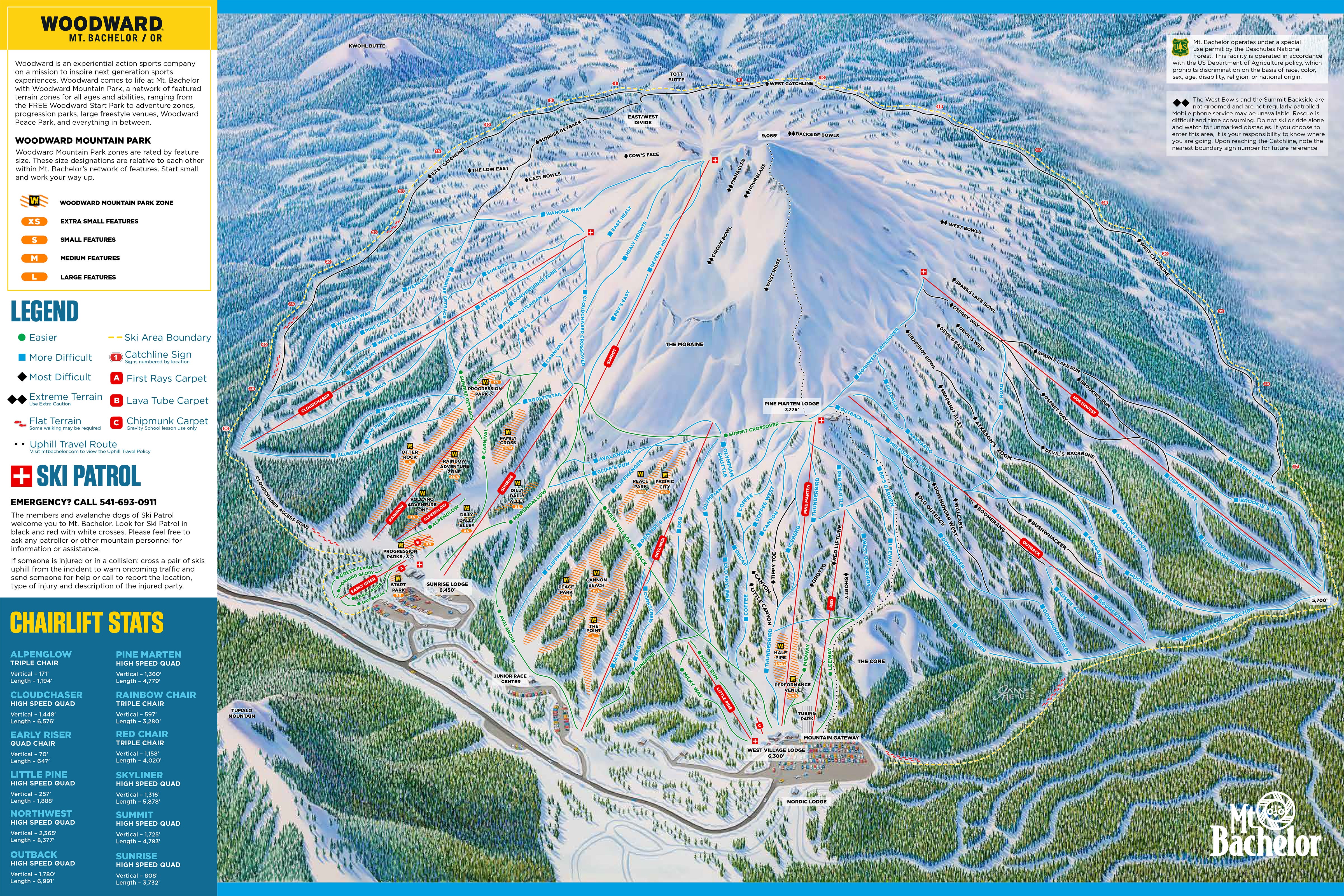 MtBachelor_2019-20_TrailMap 2019-20 season trail map of Mt Bachelor with Woodward parks highlighted in yellow.