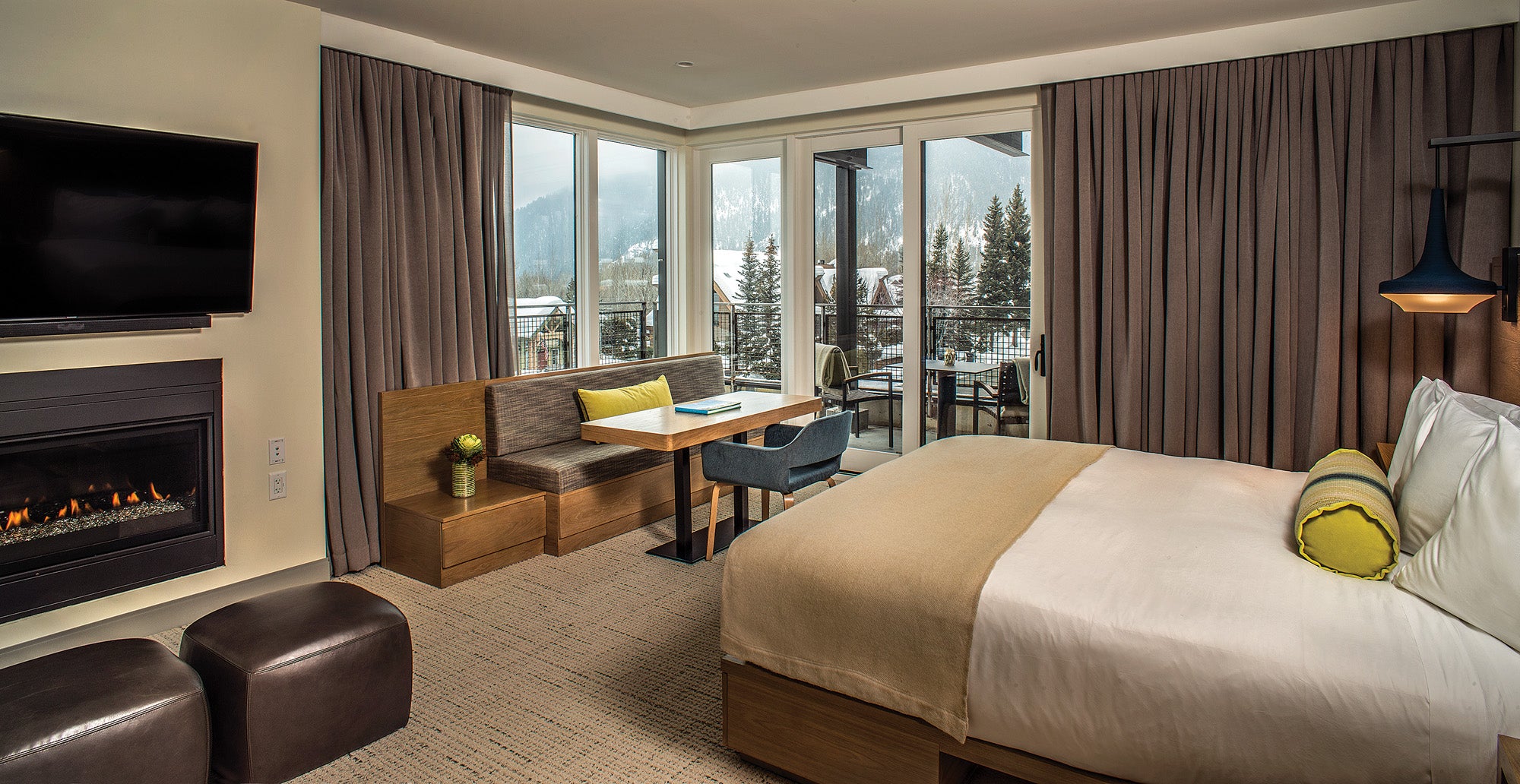 SKI1219-EC-Lodging-Limelight Inside a bedroom at the Hotel limelight Sun Valley