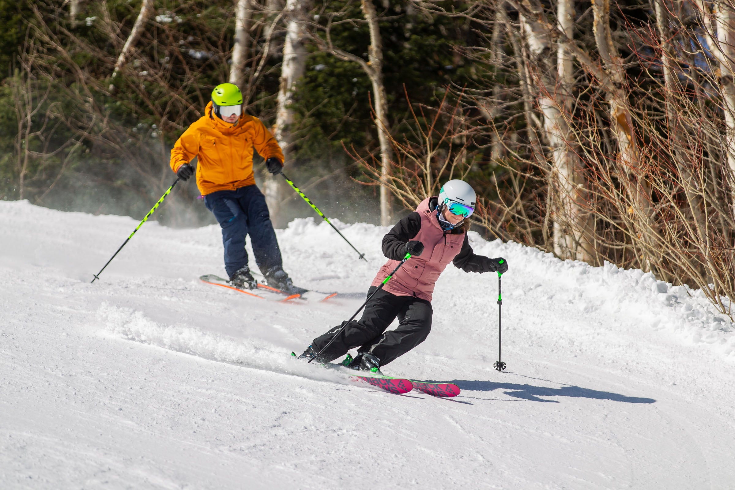 JCash_Stratton_T4F6695 copy A man and a women skiing down a ski slope in Stratton, Vermont