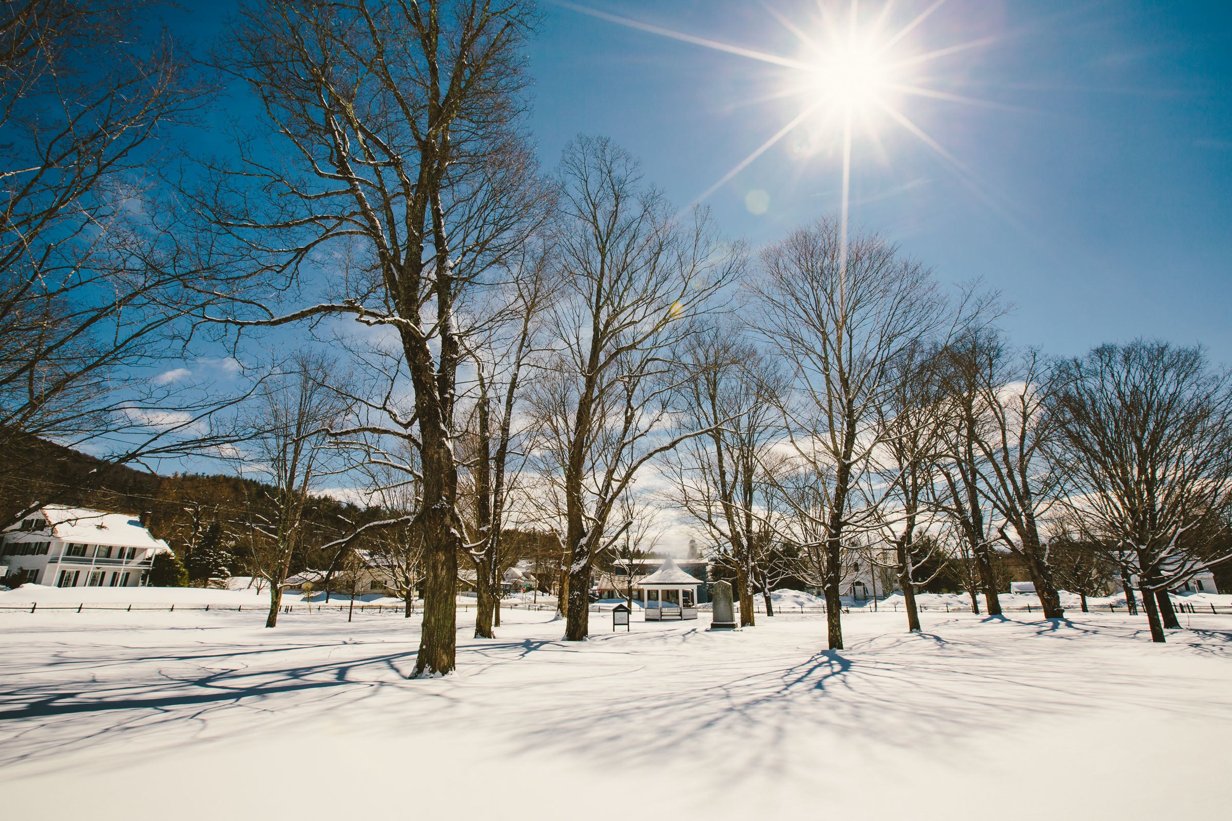 WEB Untitled 2 copy 2 Snow covered forested area with white houses and buildings in the back in Stratton, Vermont