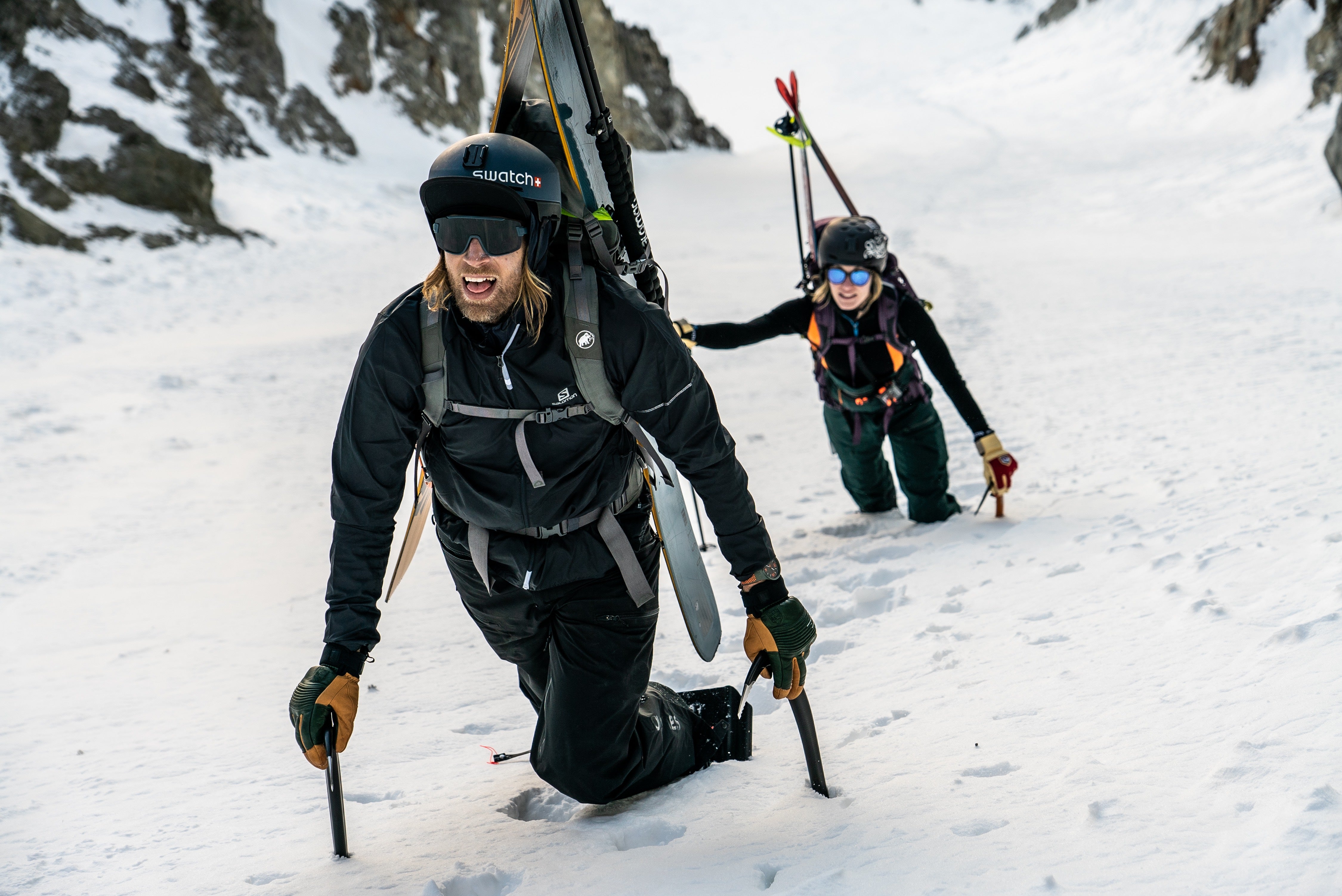 Climbing_4_@bjarnesalen-7262 Cody Townsend and Elyse Saugstad climbing to the peak of The Sickle.
