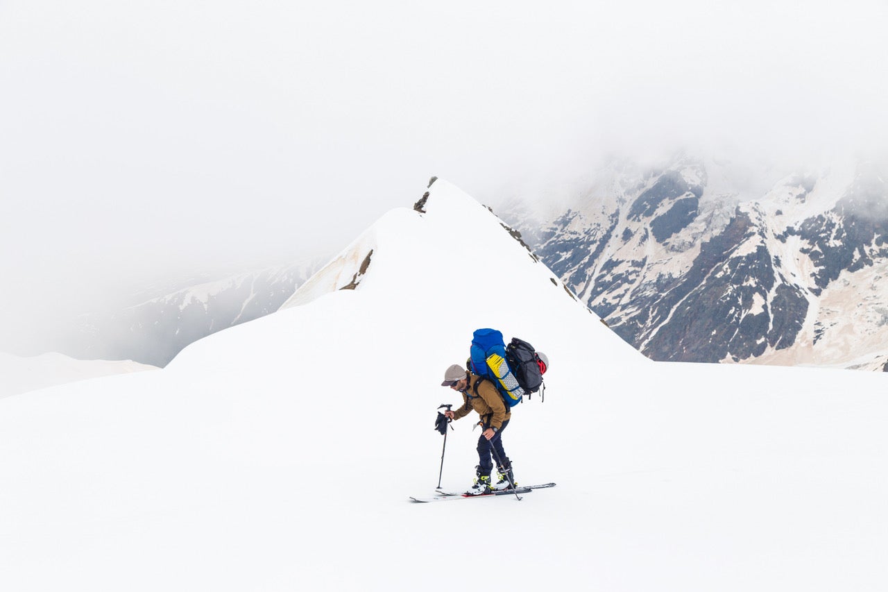 Leven_28May2018_3637 Brody Leven on the glaciated terrain below Shkhara. In his film Lost, Leven grapples with the weight of the ski industry and sport.