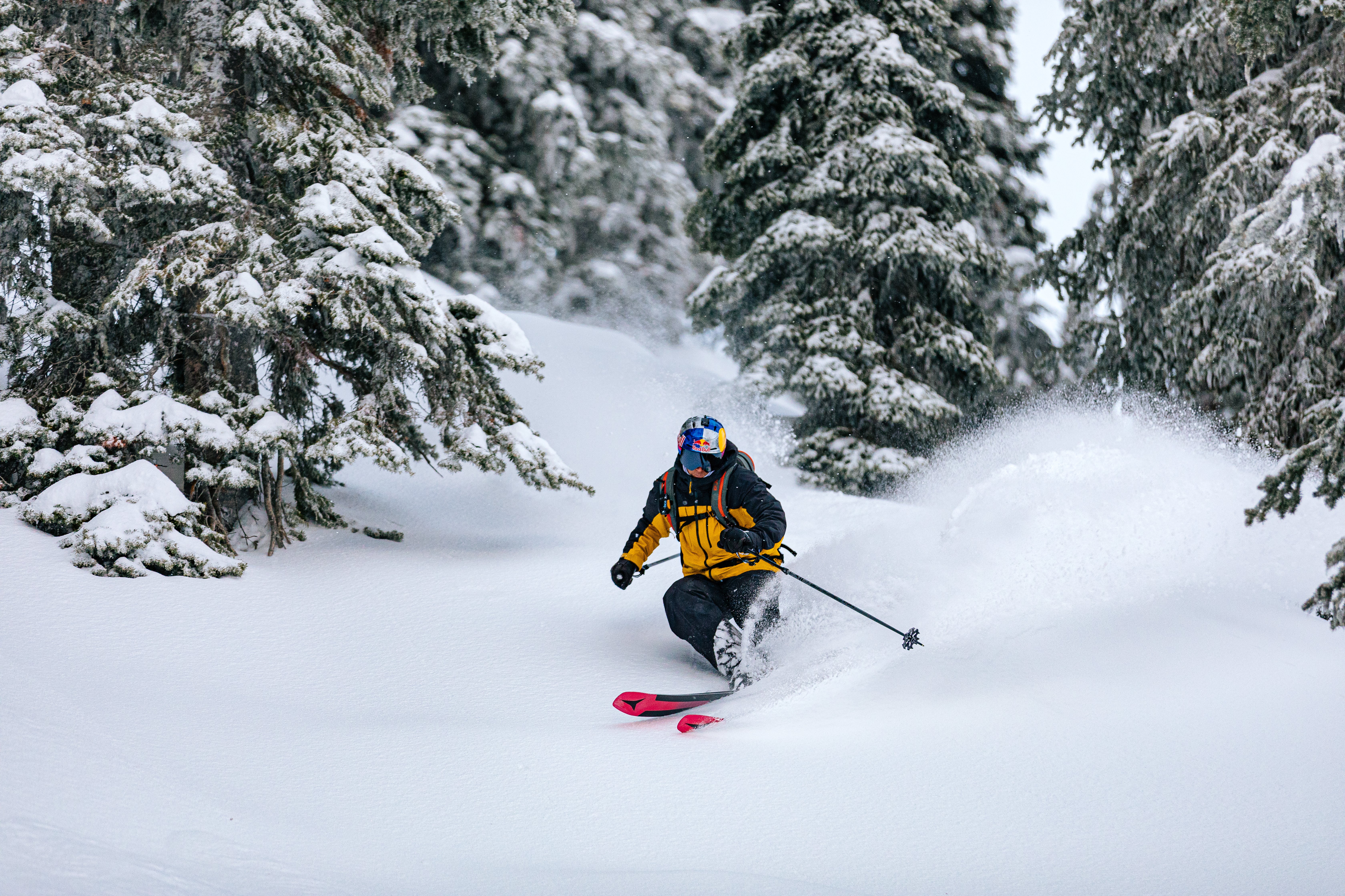 AGR_8285 Daron Rahlves Skiing Powder in the Trees at Fernie, British Columbia