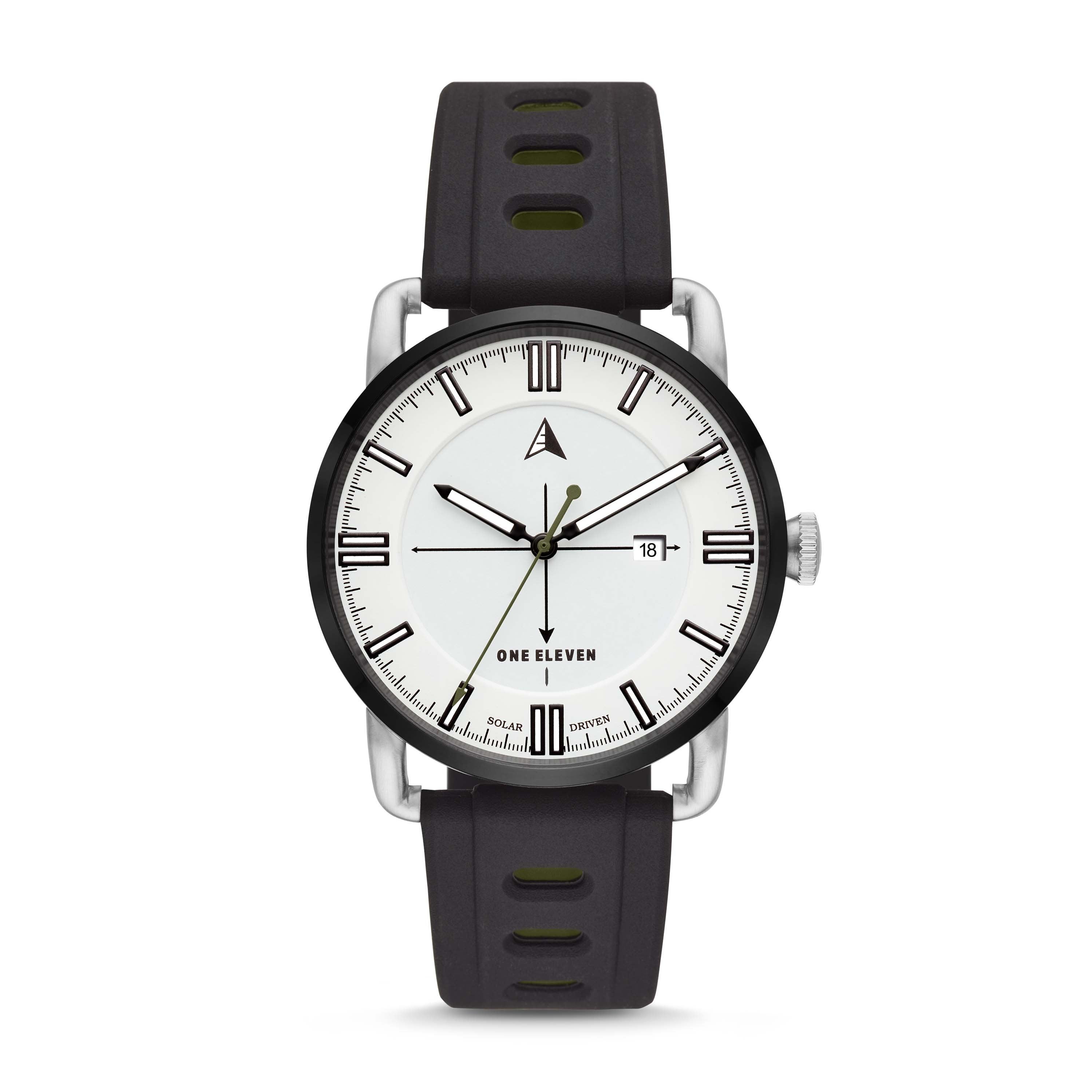 One Eleven Watch One Eleven SW1 Solar Three-Hand Date Black Silicone Watch