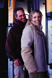 trainspotting pic E (Her) Prada Sport camel polyester and fleece jacket, $1,180, and tan corduroy pants, $290(Him) Bogner Alamos Ultra Tech suede coat, $1,198Nautica…