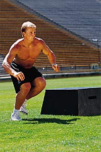 Lateral Jumps A Using your right leg, jump sideways onto a stable platform, bending your knees and exploding upward.