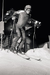 League 1204 THE FEARSOME FLATS OK, so it's no Steilhang. But hey, Hahnenkamm competitors don't have to do it at night. Jon Bicknell drops into a tuck.