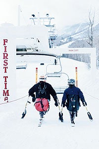 Take a Seat Waddell (left) escorts the author up Park City's First Time lift.