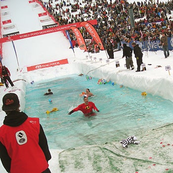 Care For a Dip? In between course runs, a few bold bystanders took their chances and hopped in the near-33-degree water.