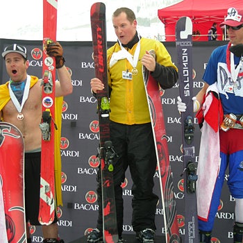 Skimmer Winners The top three of the 2008 World Pond Skimming Championships take their places on the podium.