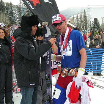 The Duff Man The second-place winner - and proud supporter of the Simpsons - is interviewed by the announcer at the end of the championships.