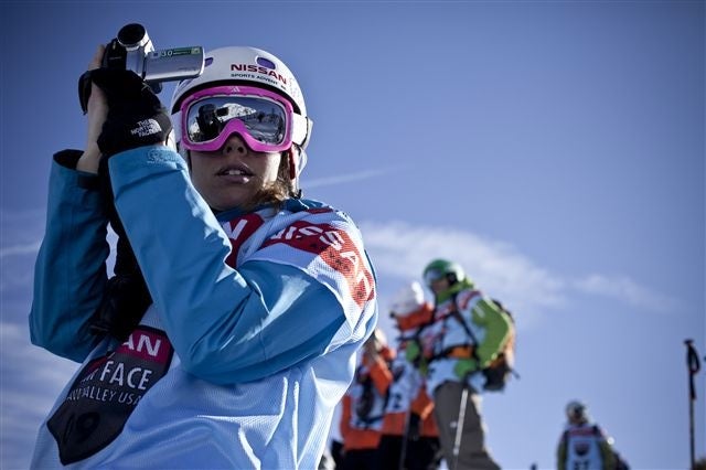 Filming Her Friends Marja Persson of Sweden films her friends as they compete in the Nissan Tram Face at Squaw Valley USA. Marja got second in women's skiing in this…