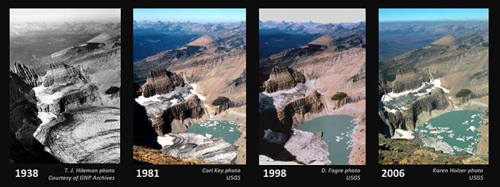 Grinnell Glacier, from Mt. Gould Oblique view of Grinnell Glacier taken from the summit of Mount Gould. The relative sensitivity of glaciers to climate change is illustrated by the…