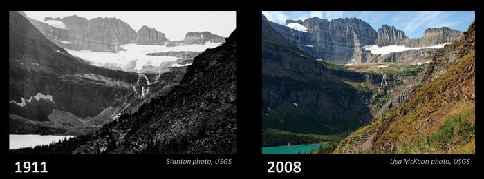 Grinnell Glacier Nearly a century after Stanton's photograph was taken, Grinnell Glacier has receded into its cirque basin and is no longer visible from the trail…