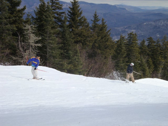 Sunday River, ME Fellas having some fun on Ecstasy. It's a good idea to stick closer to the summit today for some firm spring snow as conditions closer to the base…