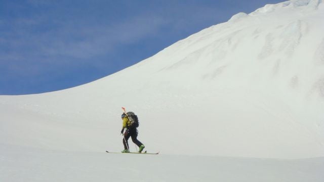 Jason Mack Guide Jason Mack ascending glacier on northeast-facing shore of Cierva Cove.