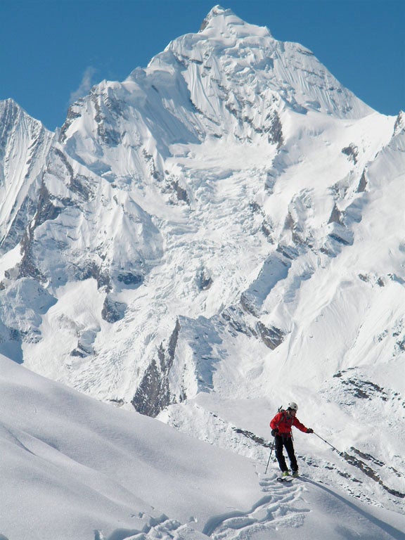 Kip, Scouting With a 22,000-foot mountain looming above, Kip Garre picks out his line.