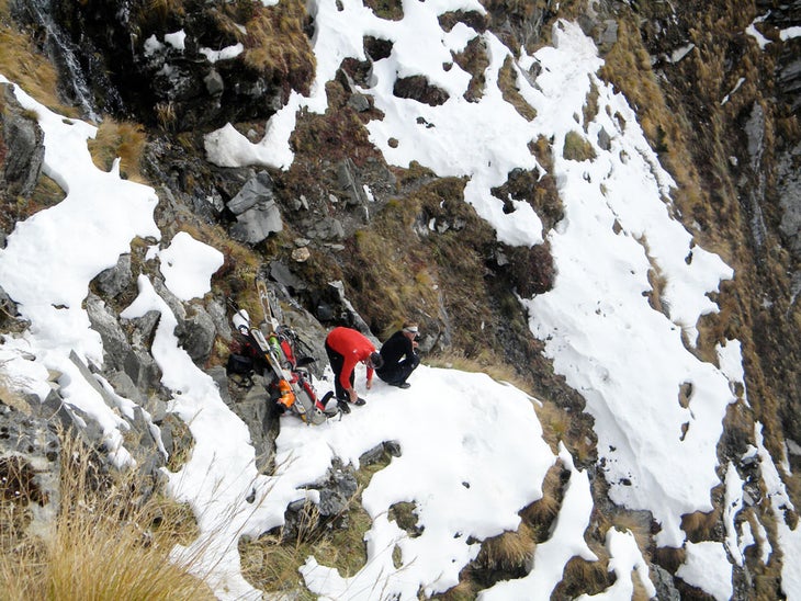 This Looks Like a Good Place to Stop Kris Erickson and Jamie Laidlaw taking a break during the ledgy hike to high camp.