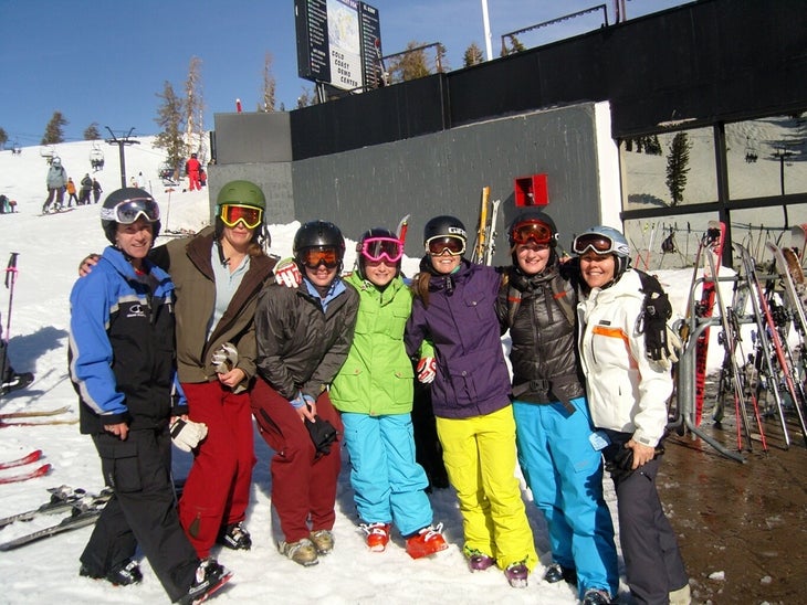 Tips for Women Freeskiers The women take a break for a photo op at Gold Coast.The group started with early morning yoga sessions to emphasize strengthening hips and legs to…
