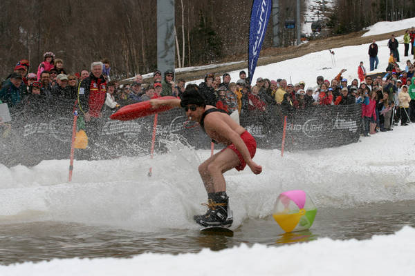 Killington Pond-Skimming Killington Resort holds its contest during the Sunshine Daydream Festival, on April 17, with a 100-foot long pond that is seven to nine feet deep.