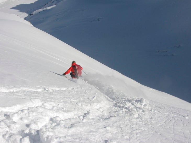 1699.jpg With our objective gone, we just went and skied cool stuff. Like this 48-degree fan way above our camp. Dav dropped in first.