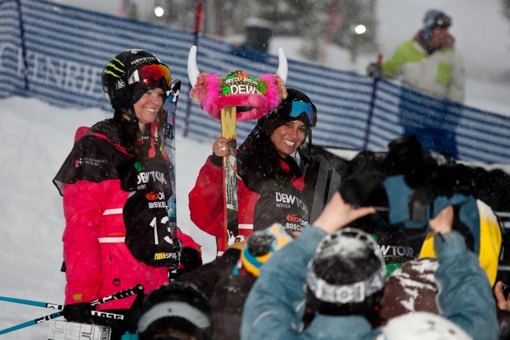 Keri and Ashley celebrate Keri Herman and Ashley Battersby celebrate their second and first place scores in slopestyle at the Breckenridge Dew Tour stop.