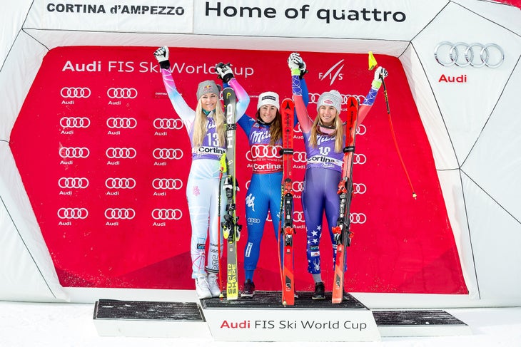 Lindsey Vonn, Sofia Goggia, and Mikaela Shiffrin on the podium