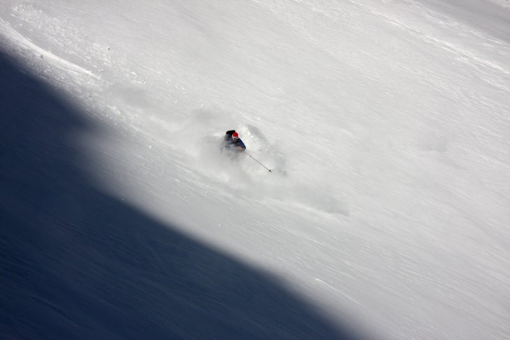 In the Heart of the Silver Couloir Skiing Magazine's Art Director, Mark Lesh, finds a few wind-assisted face shots.