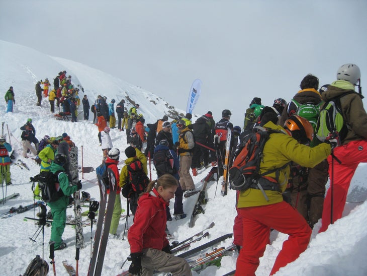 Top of the Col de Margherita Moena, Italy. Tomorrow, eighty brightly dressed skier and snowboarders—freeriders as they’re typecast in Italy—will line up to pound 2,500 vertical…