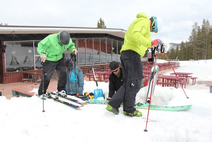 Editors Kevin Luby and Sam Bass get their bindings adjusted Ski Bindings adjust at SKI Test