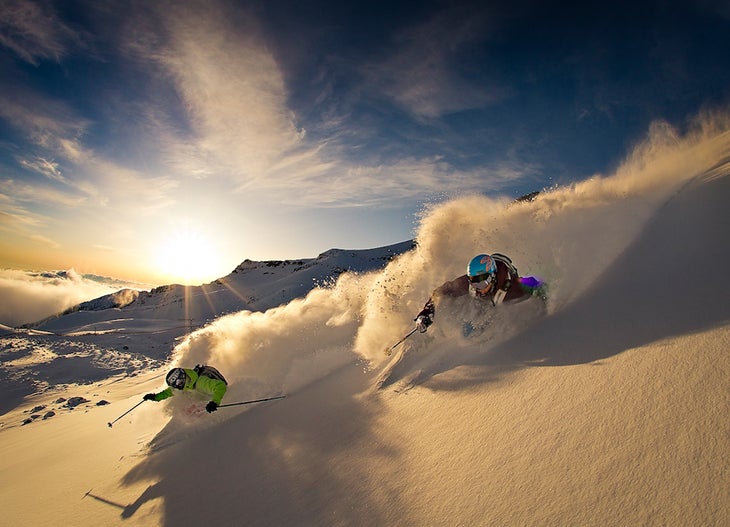 Carston Oliver, left, Eliel Hindert, right, ripping sunset pow turns. None