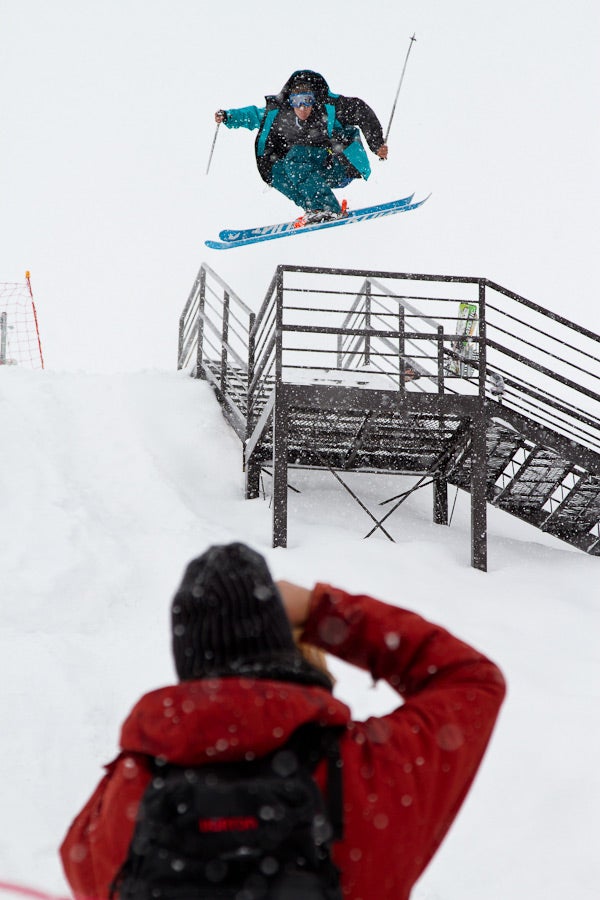 Team Klint's Brian Kish and photographer Christopher Lisle on day one of the Eye of the Condor in La Parva, Chile. None