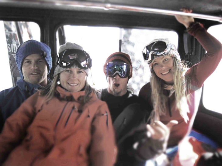 Lel Tone, Lynsey Dyer, and the rest of the team pile in the snowcat None