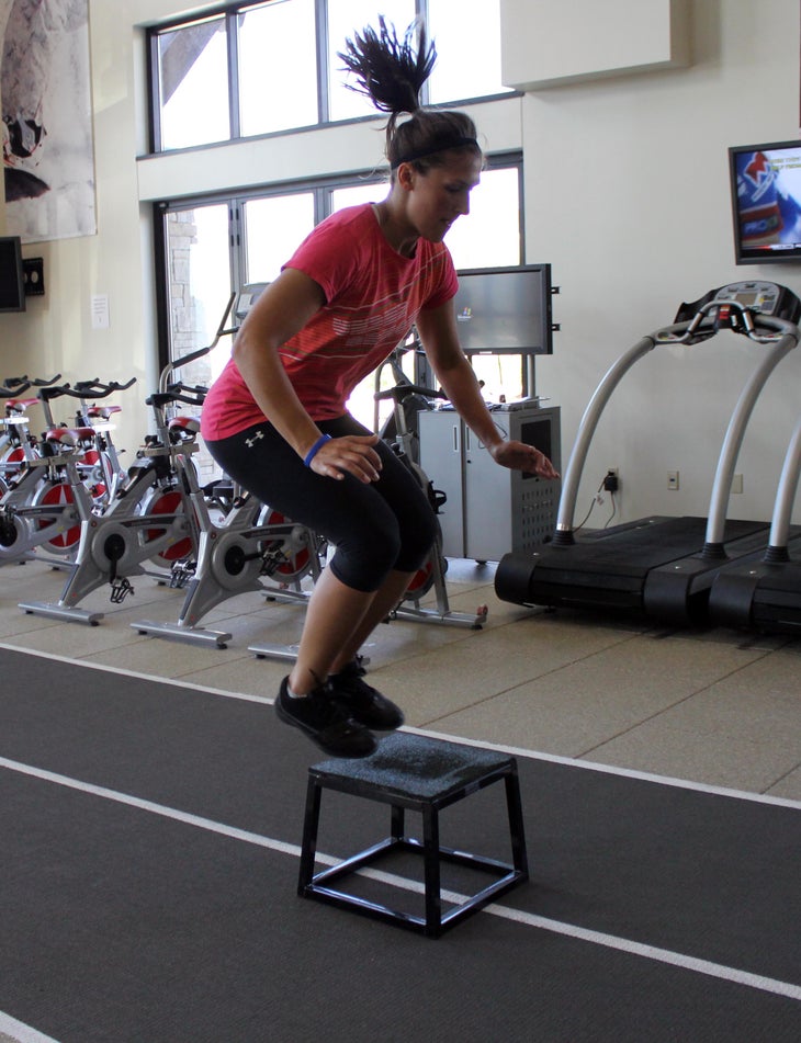Explode off the ground In a quick, controlled movement, jump from the ground, and land both feet simultaneously on the box.