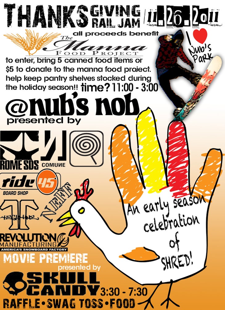 Nub's Nob Rail Jam for Manna Holding down the midwestern fort, Nub's Nob is holding a rail jam on Saturday to raise money for the local food bankhttp://nubsnob.com