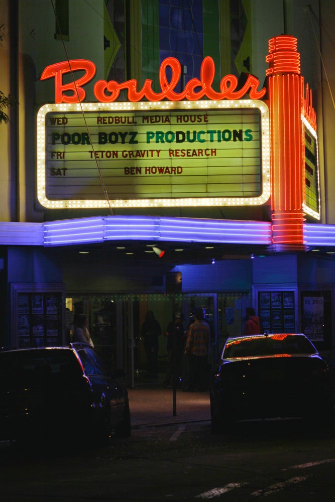 Boulder Theatre The Boulder Theatre is the perfect place to watch a ski movie. Good vibe, and a great bar that serves thirsty movie goers from 360 degrees.