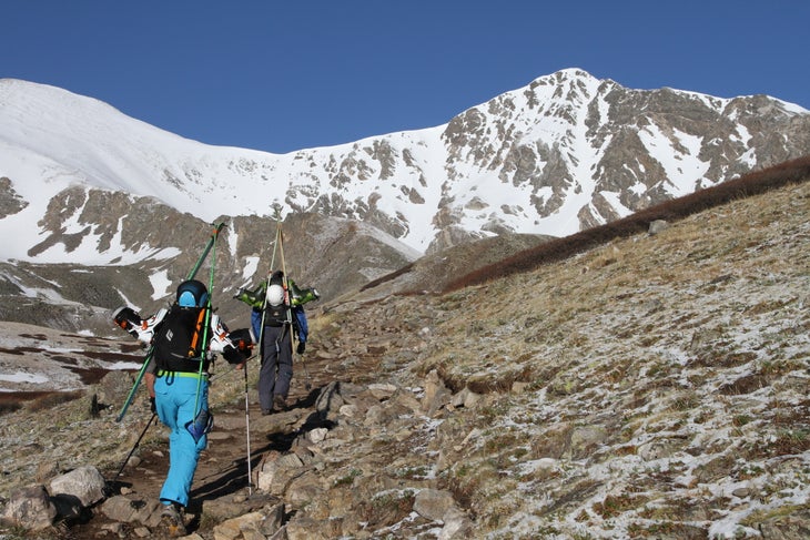 6:20 AM, May 20, 2012 Big Butt and Skinny Butt heading toward Torrey's to ski the Dead Dog Couloir, the prominent gully descending from the right of the summit.