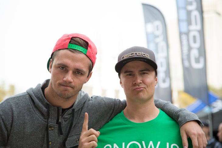 Blake Nyman and Julian Carr. Two Flow State athletes share a moment outside Salt Lake City's Abravanel Hall. Photographer: Will Wissman.