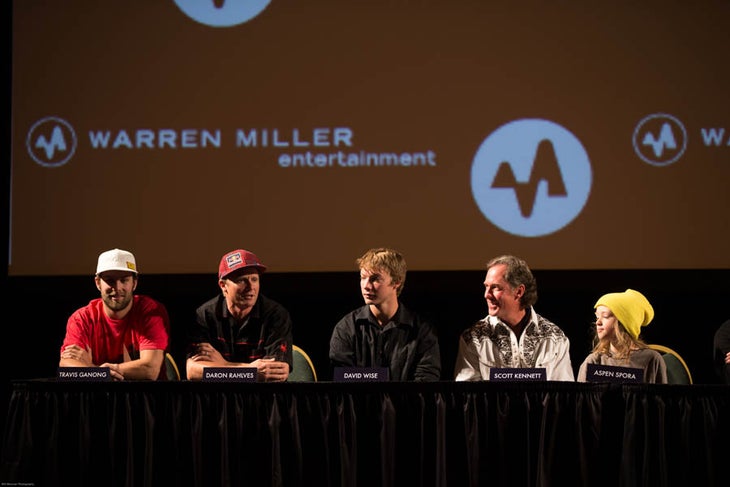 Daron Rahlves discusses the Rahlves Banzai tour. Left to right: US Ski Team athlete Travis Ganong, former World Cup champ Daron Rahlves, Tahoe freestyler David Wise, ski-film icon Scott Kennett, and…